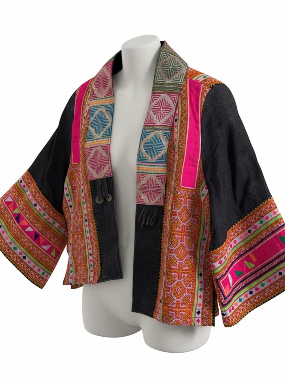 Embroidered Boho Kimono Jacket with Pink & Black Accents